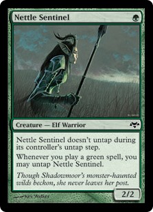 Nettle Sentinel
 Nettle Sentinel doesn't untap during your untap step.
Whenever you cast a green spell, you may untap Nettle Sentinel.